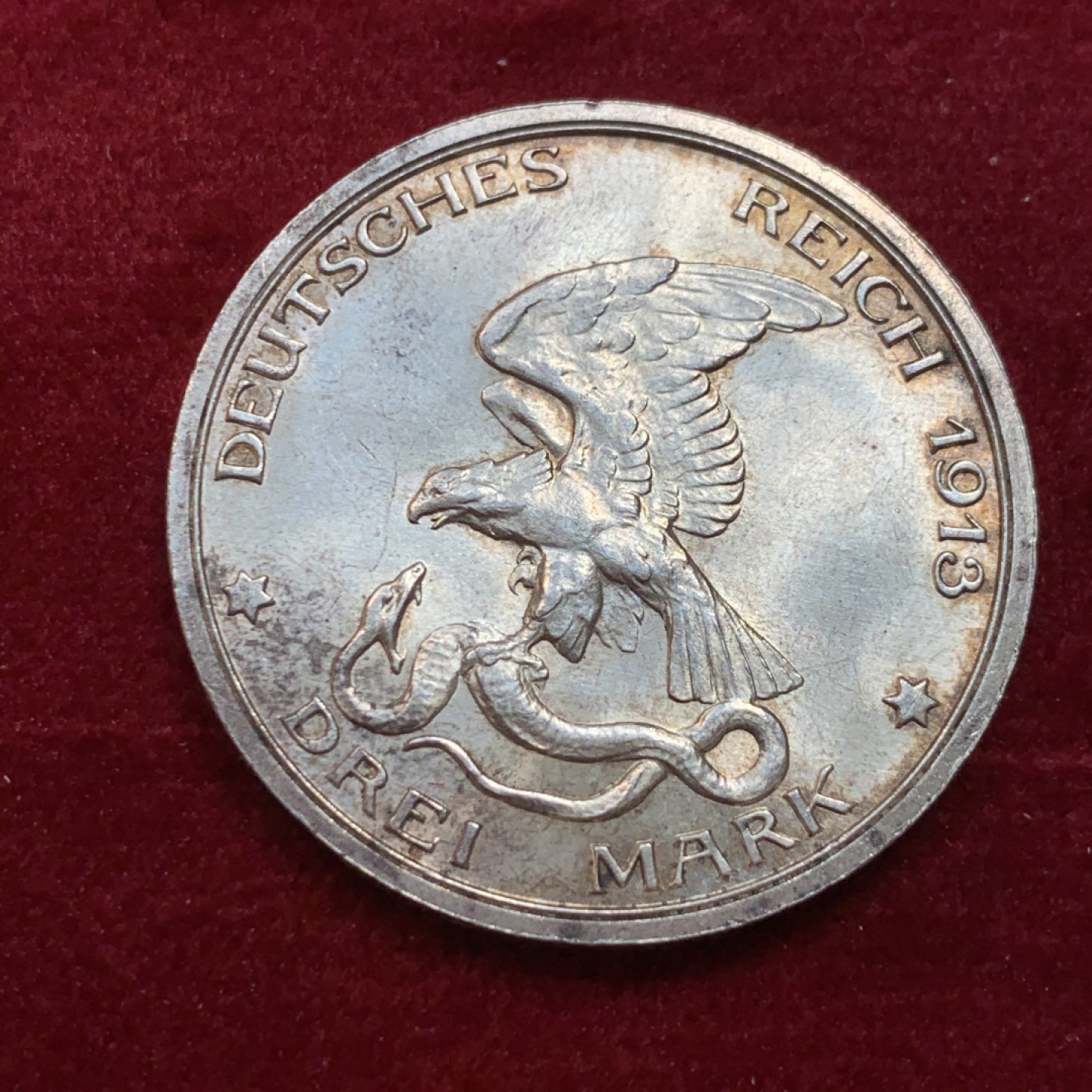 《竞宝斋》第131场-周日，周一连拍 (全场包邮) 德国普鲁士 1913年击败拿破仑3马克 银币  淡金包浆