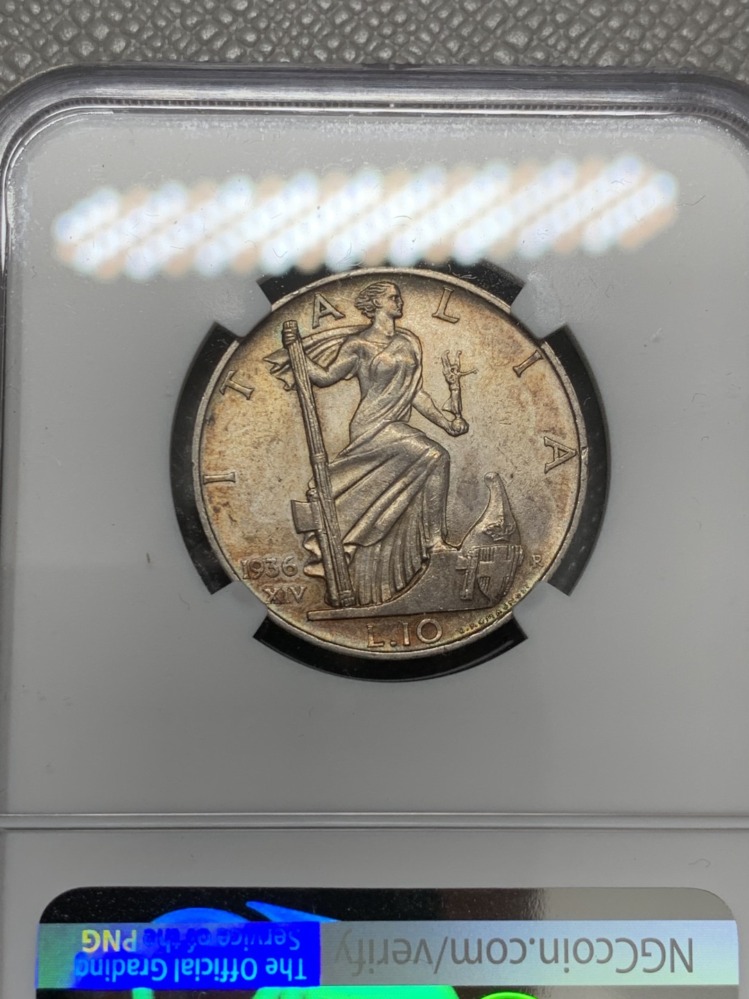 《竞宝斋》第131场-周日，周一连拍 (全场包邮) NGC UNCD 意大利1936年10里拉银币 改版的妹妹站船头形象更具力量和权利的象征