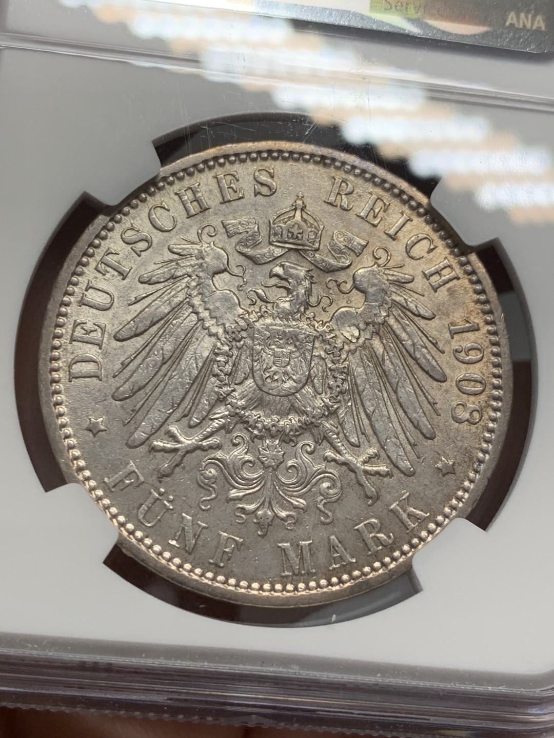 《竞宝斋》第131场-周日，周一连拍 (全场包邮) NGC-AU58 德国汉堡1908年 双狮5马克大银币 带彩包浆 非常漂亮