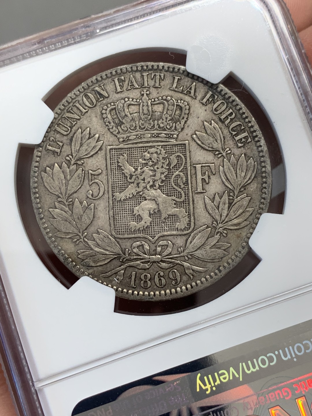 《竞宝斋》第131场-周日，周一连拍 (全场包邮) NGC-XF45 比利时 1869年 利奥波德二世 5法郎银币 原味包浆 细节不错