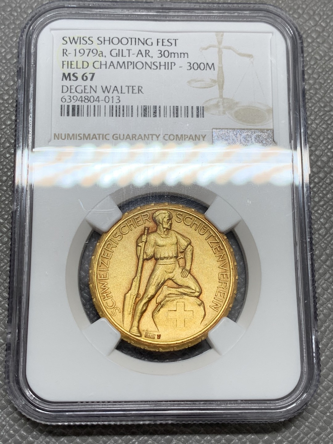 《竞宝斋》第131场-周日，周一连拍 (全场包邮) NGC MS67 1920-30年瑞士射击节镀金银章 顶级 完美品相