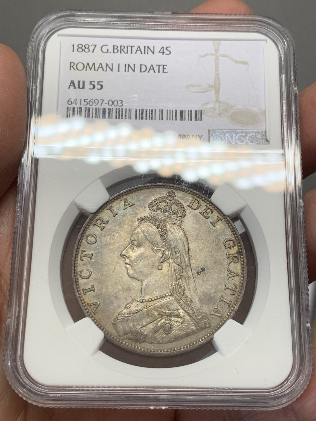 《竞宝斋》第131场-周日，周一连拍 (全场包邮) NGC AU55 英国1887年维多利亚高冠双弗洛林大银币罗马体