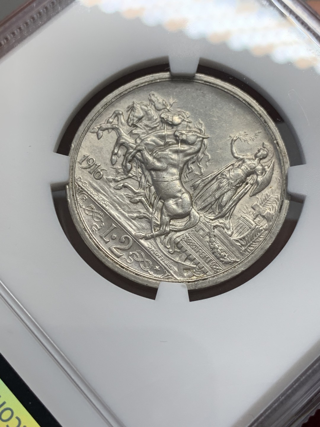 《竞宝斋》第131场-周日，周一连拍 (全场包邮) NGC-AU58 意大利1916年 胜利马车 2里拉银币