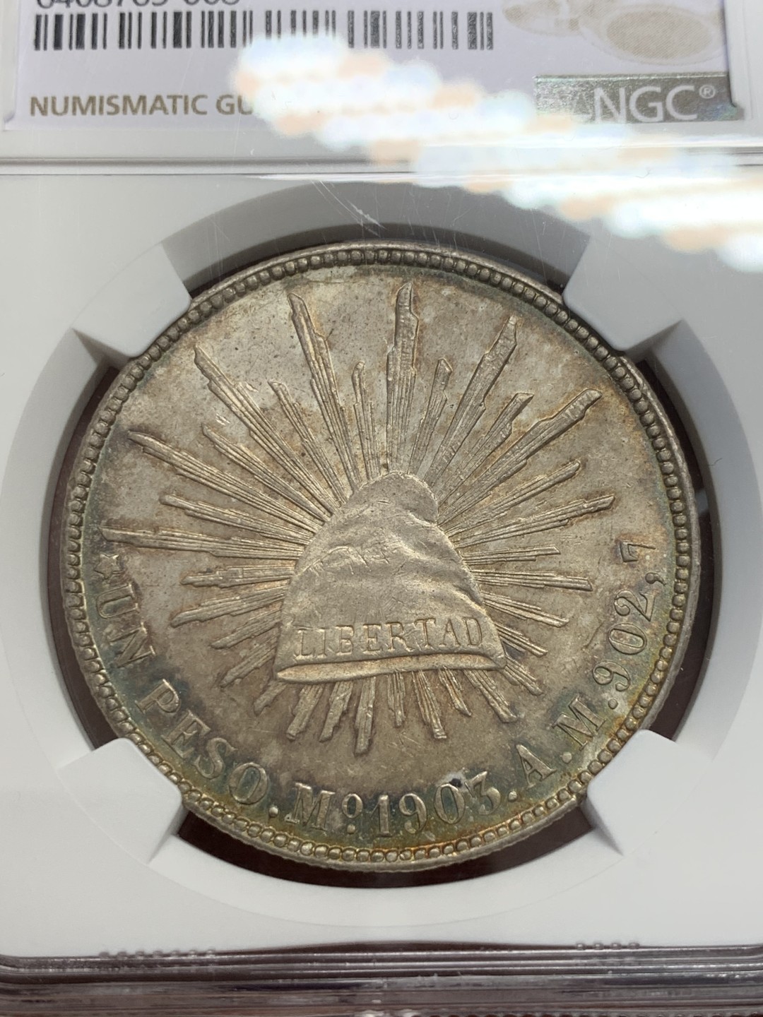 《竞宝斋》第131场-周日，周一连拍 (全场包邮) NGC-AU58 墨西哥1903年 直边鹰洋1比索 大银币 五彩包浆 非常漂亮