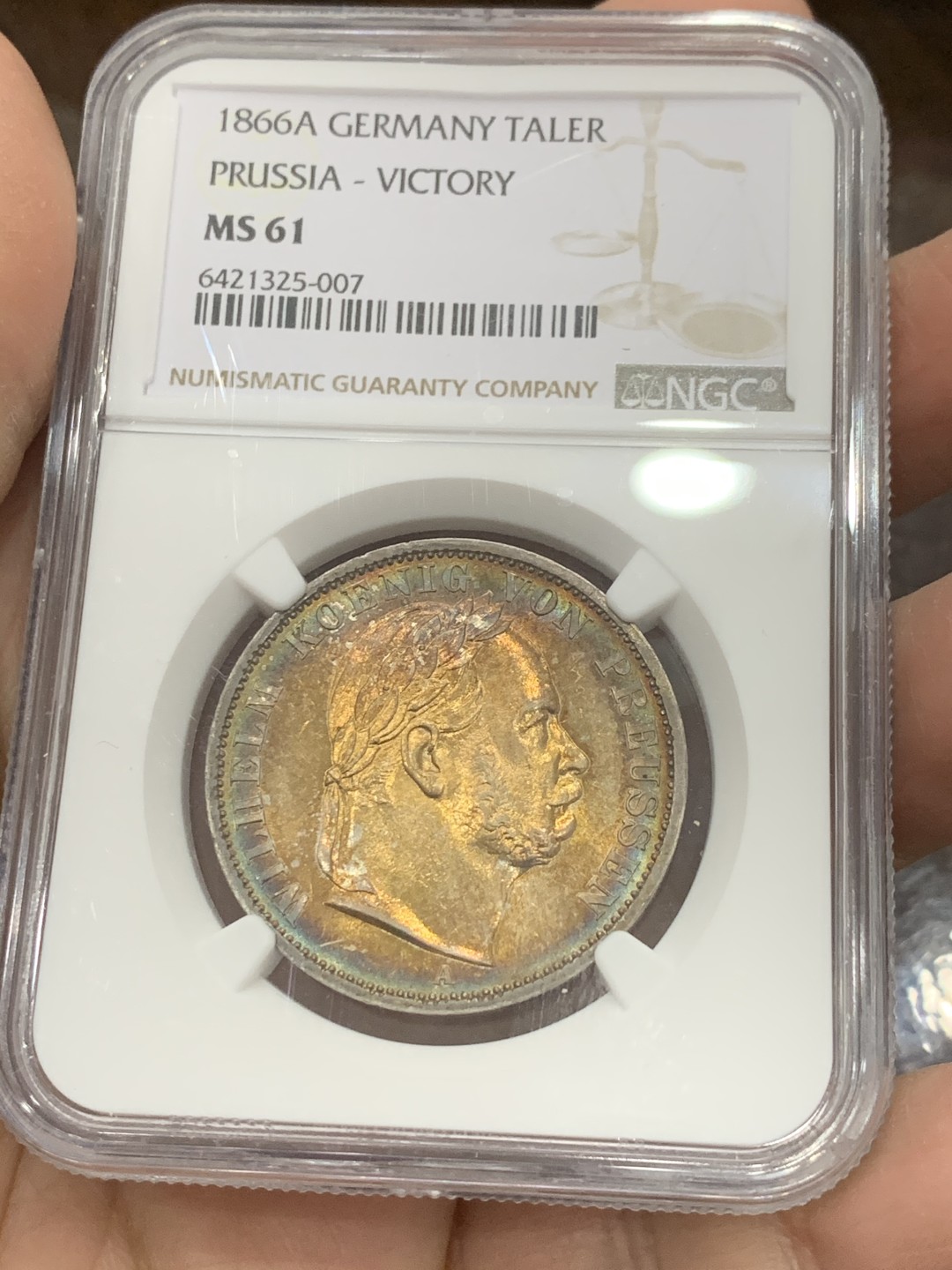 《竞宝斋》第131场-周日，周一连拍 (全场包邮) NGC MS61 1866年德国普鲁士1泰勒银币 五彩转光 非常漂亮