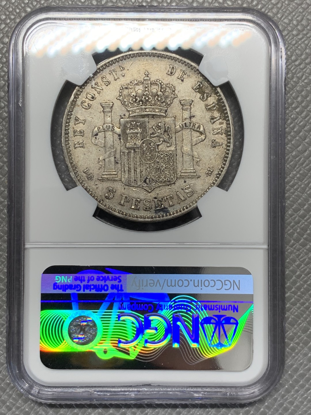 《竞宝斋》第131场-周日，周一连拍 (全场包邮) NGC-AU50 西班牙1877年 阿方索十二世 5比塞塔大银币 这品种上AU已经是不得了的品相了