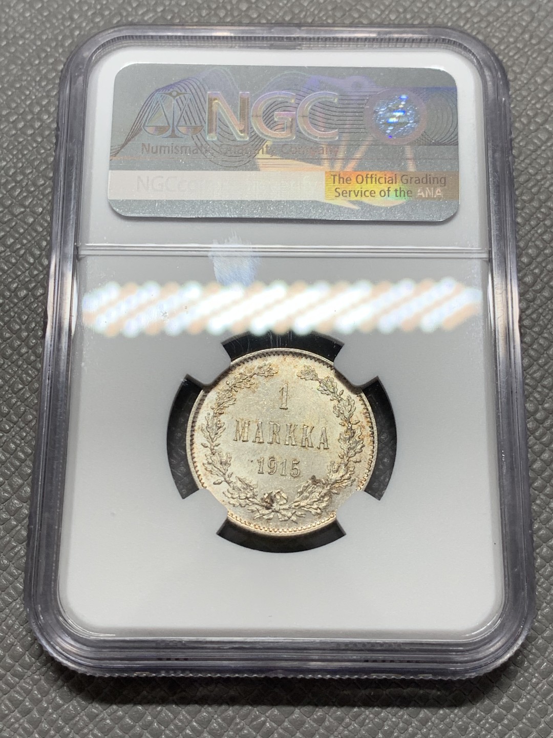 《竞宝斋》第131场-周日，周一连拍 (全场包邮) NGC-MS63 俄属芬兰1915年 双头鹰1马克 银币 五彩包浆 顶级品相