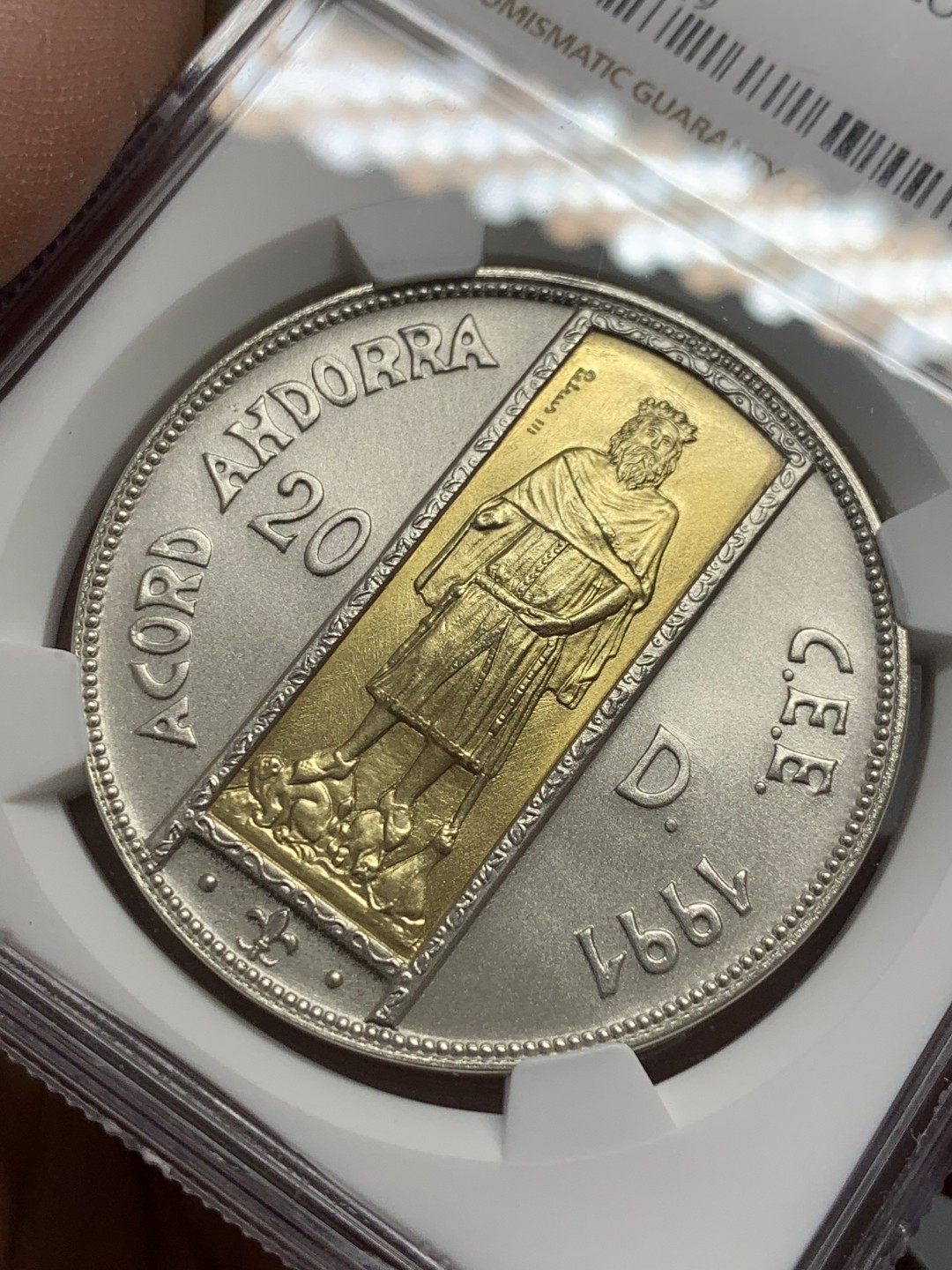 《竞宝斋》第131场-周日，周一连拍 (全场包邮) 唯一冠军分 NGC-MS68 安道尔1994年 巴塞罗那伯爵彼得三世 20第纳尔大银币 含金1.5克