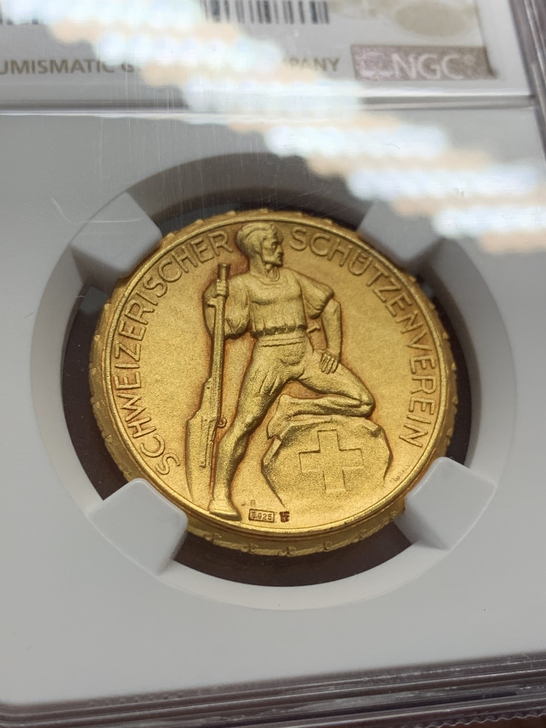 《竞宝斋》第131场-周日，周一连拍 (全场包邮) NGC MS67 1920-30年瑞士射击节镀金银章 顶级 完美品相