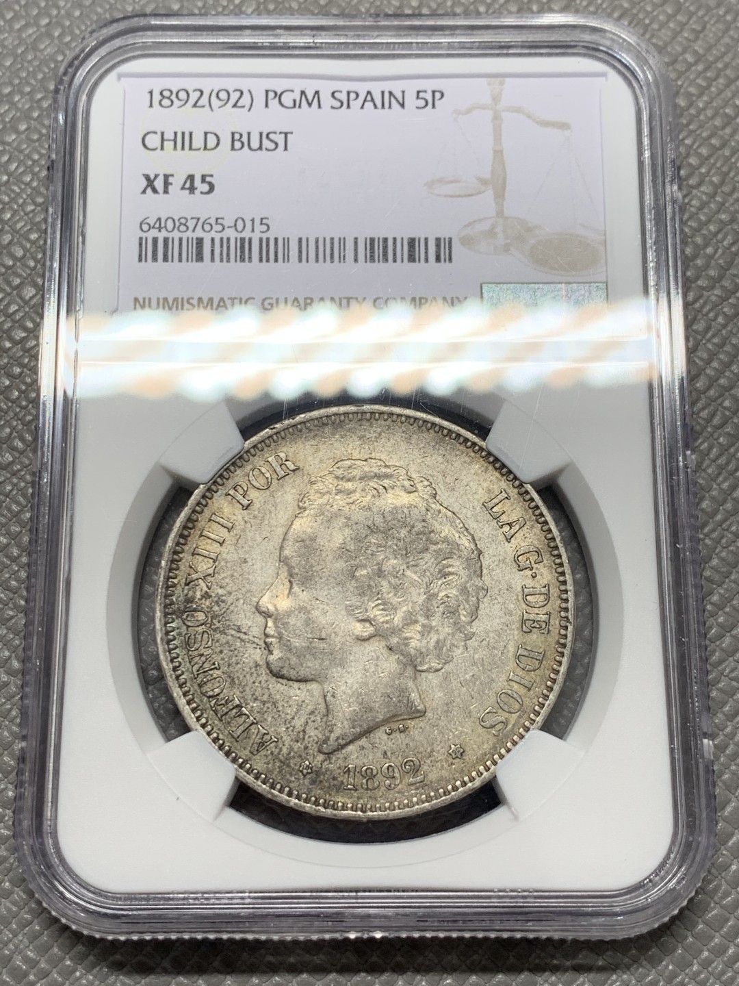 《竞宝斋》第131场-周日，周一连拍 (全场包邮) NGC-XF45 西班牙1892年 阿方索十三世爆炸头 5比塞塔双柱大银币 细节一流老币出分难 