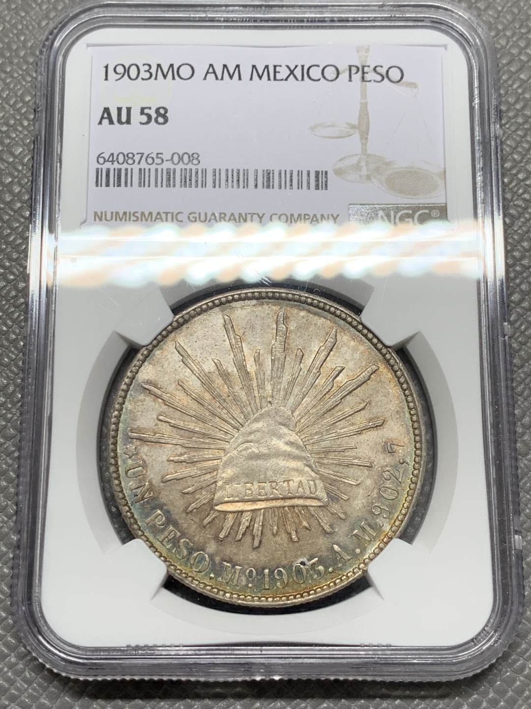 《竞宝斋》第131场-周日，周一连拍 (全场包邮) NGC-AU58 墨西哥1903年 直边鹰洋1比索 大银币 五彩包浆 非常漂亮