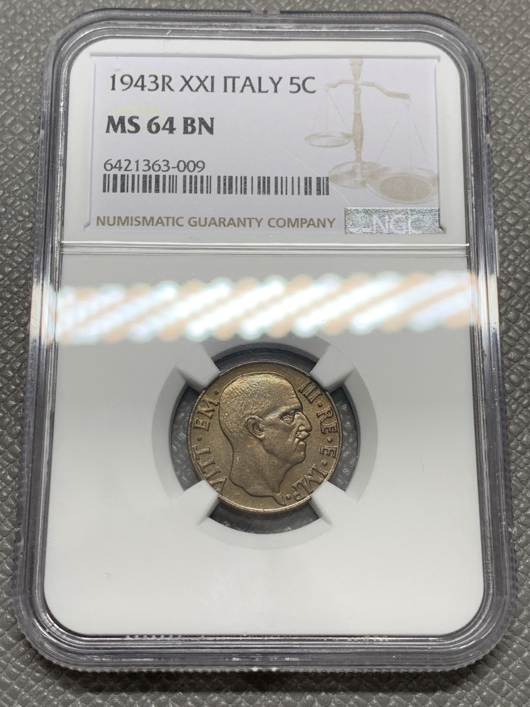 《竞宝斋》第131场-周日，周一连拍 (全场包邮) NGC MS64BN，意大利1943年5分铜币 极少品种 状态好 巧克力包浆