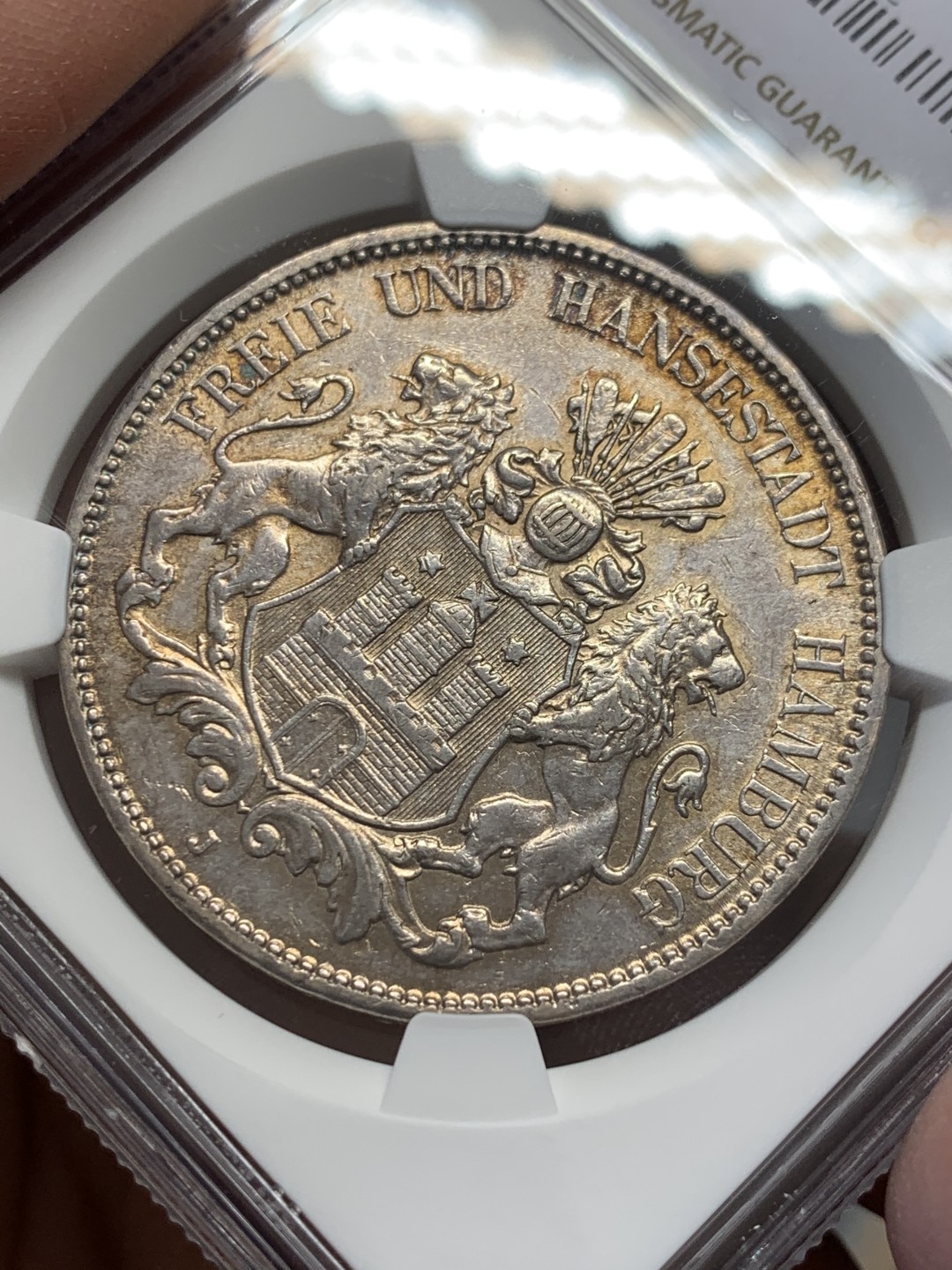 《竞宝斋》第131场-周日，周一连拍 (全场包邮) NGC-AU58 德国汉堡1908年 双狮5马克大银币 带彩包浆 非常漂亮