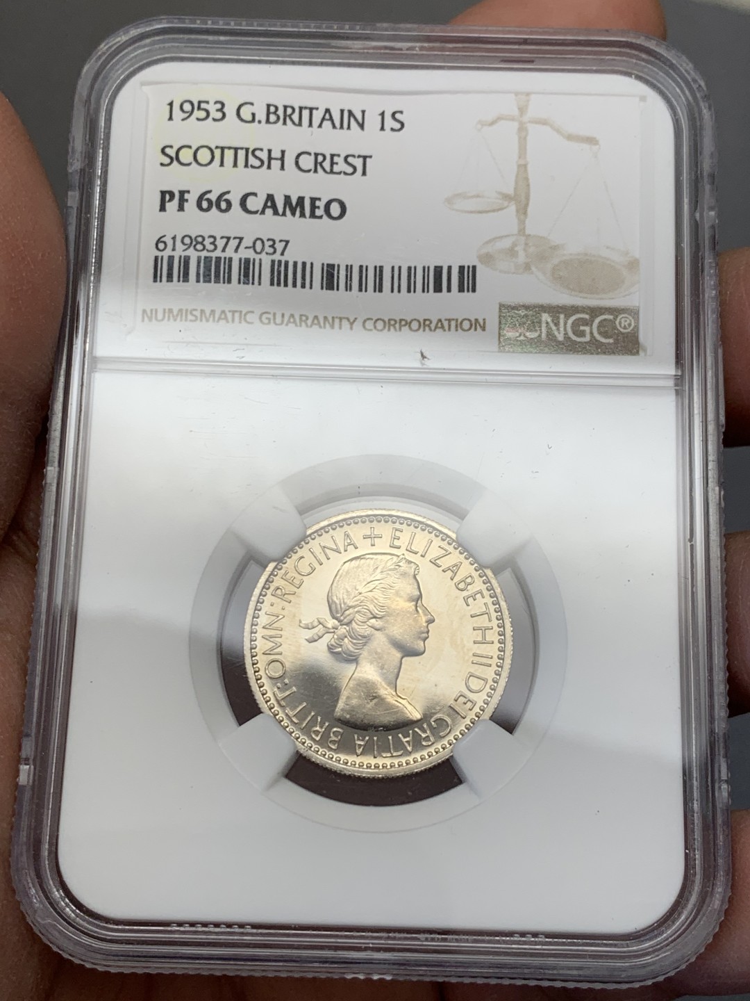《竞宝斋》第131场-周日，周一连拍 (全场包邮) NGC PF66CA 1953年英国伊丽莎白二世首年精制1先令（SCOTTISH),高分加CAM SBP拍卖66分带CAM 1先令已过千