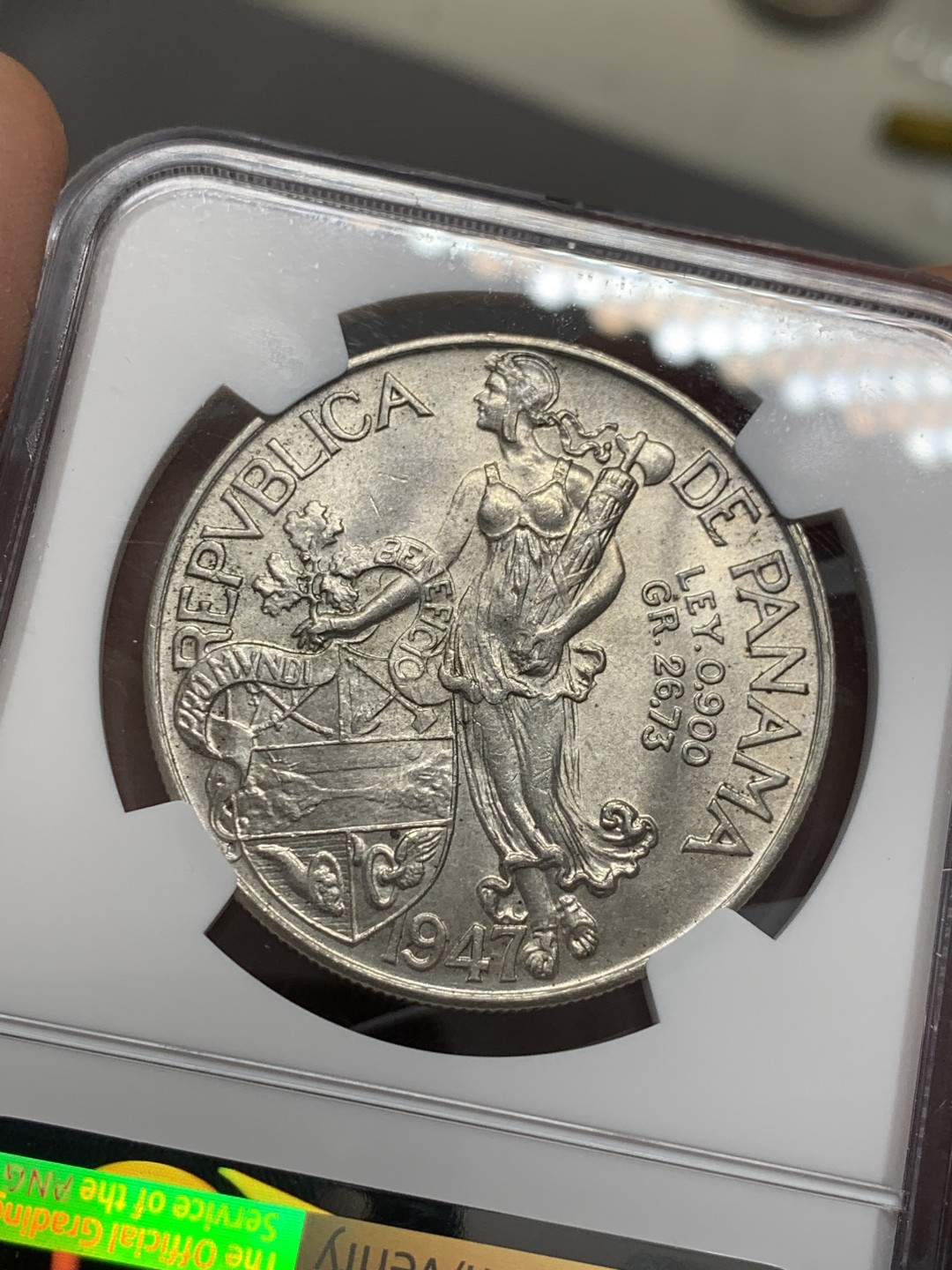 《竞宝斋》第131场-周日，周一连拍 (全场包邮) NGC MS62 巴拿马1947年1巴波亚大银币