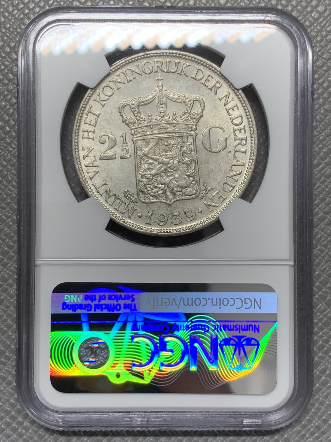 《竞宝斋》第131场-周日，周一连拍 (全场包邮) NGC-MS62 荷兰1939年 威廉米娜女王2.5盾 大银币