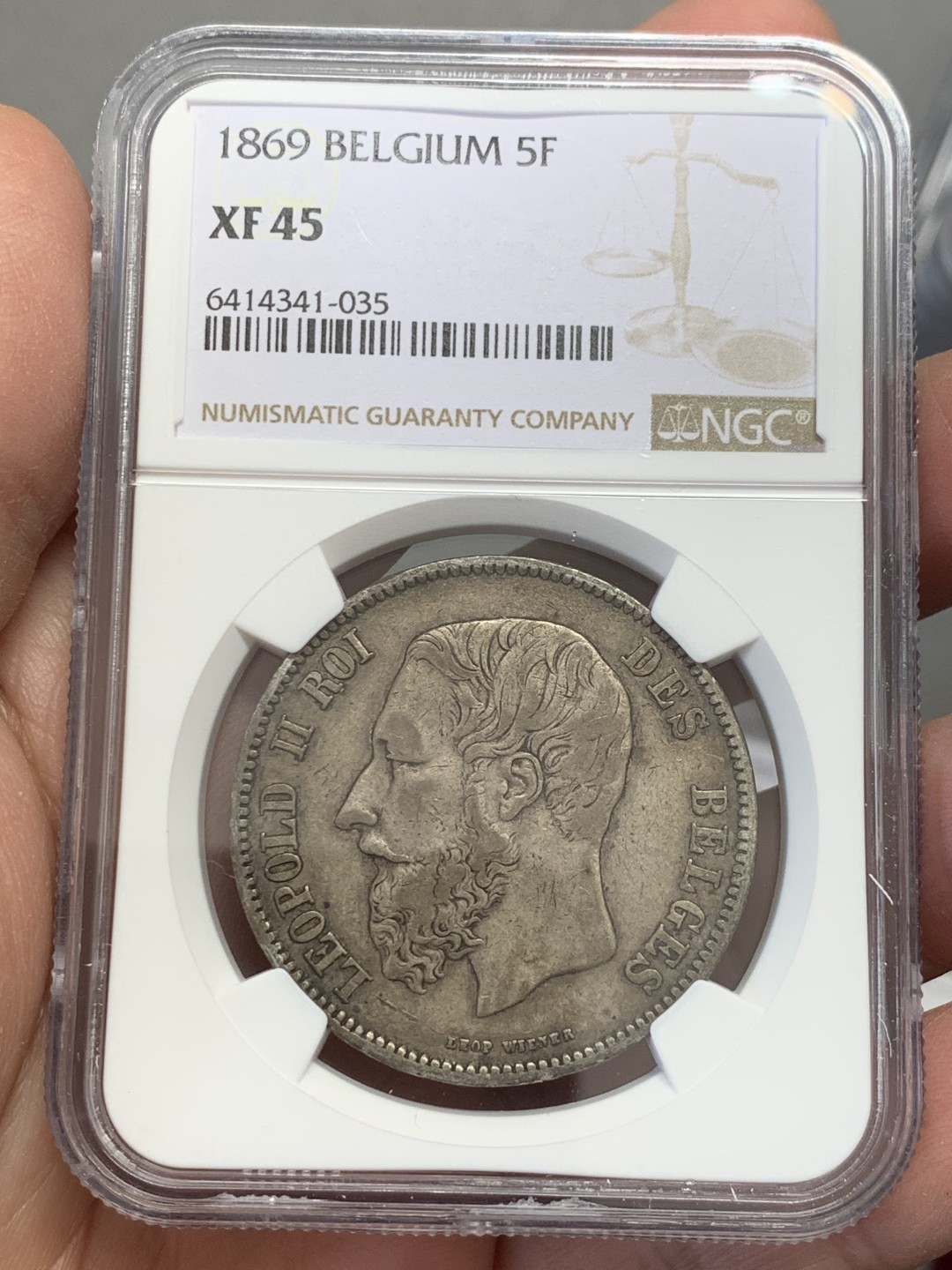 《竞宝斋》第131场-周日，周一连拍 (全场包邮) NGC-XF45 比利时 1869年 利奥波德二世 5法郎银币 原味包浆 细节不错
