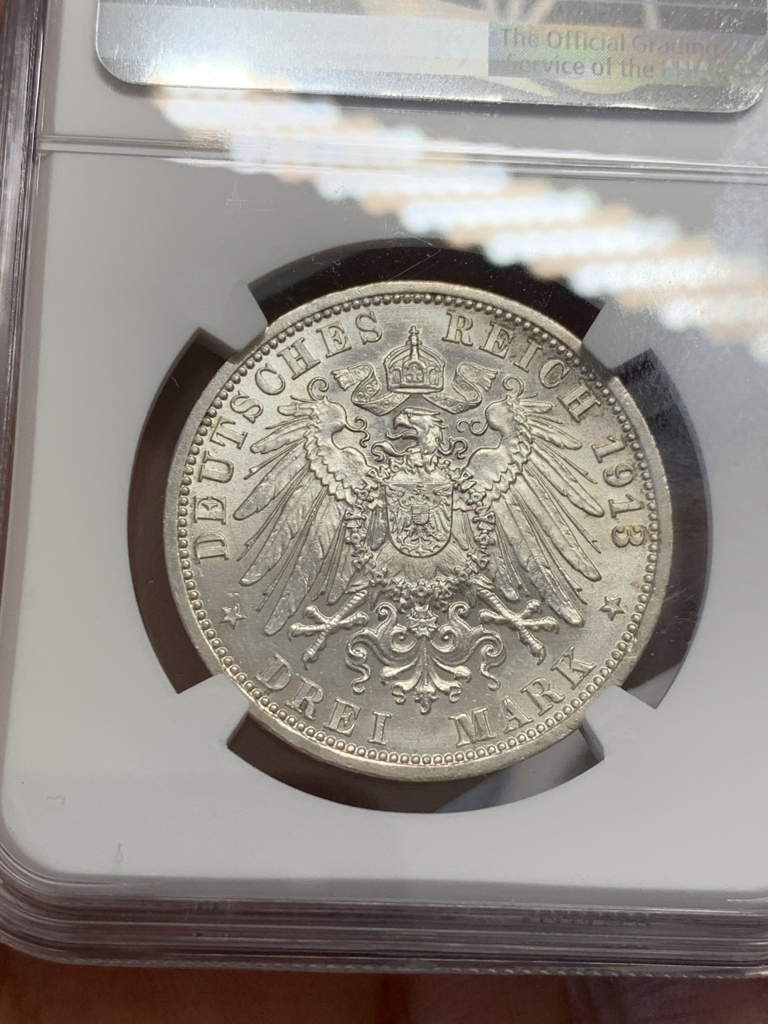 《竞宝斋》第131场-周日，周一连拍 (全场包邮) NGC UNC 普鲁士1913年戎装3马克银币 自然车轮光 小划痕没给分