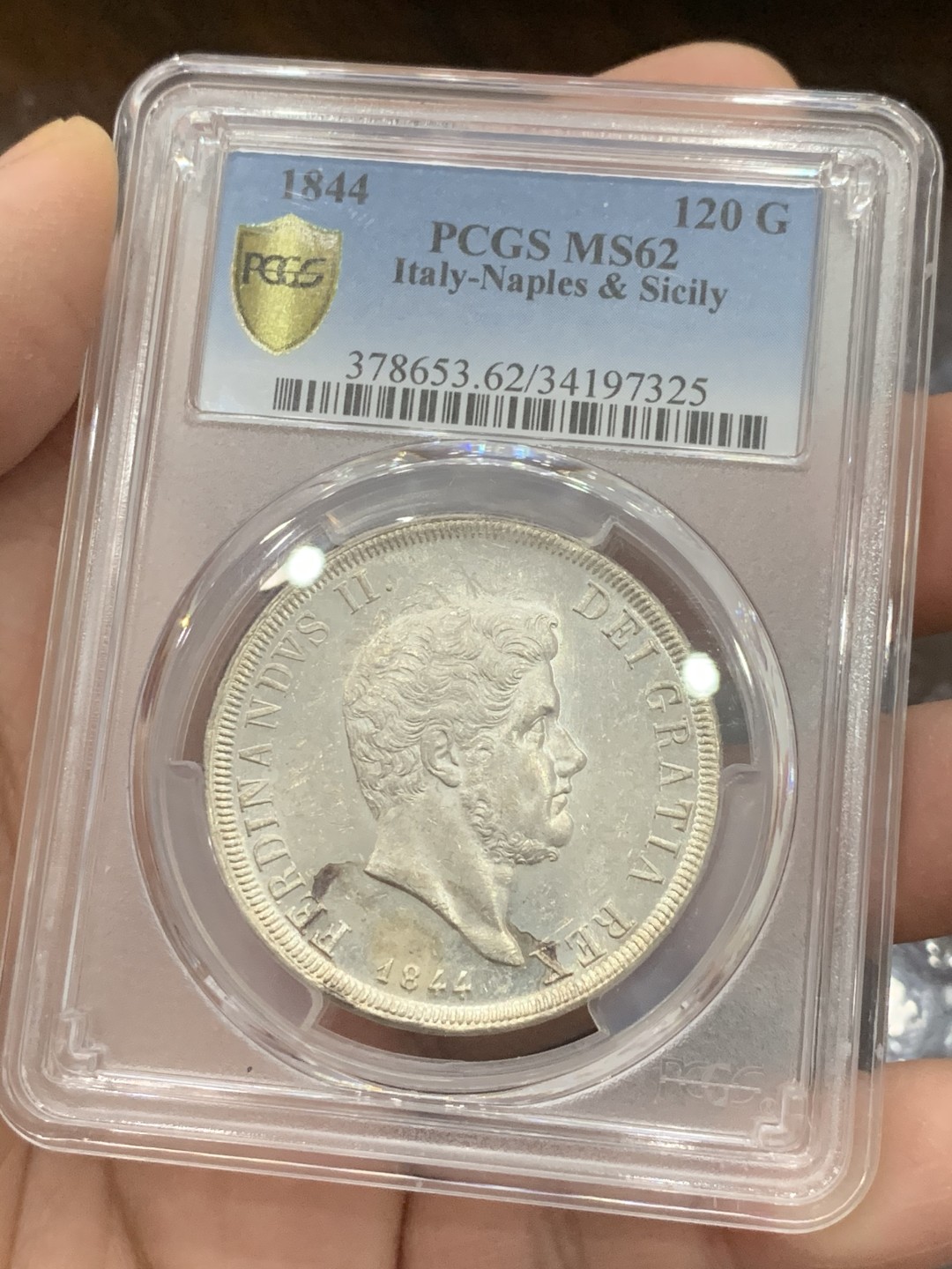 《竞宝斋》第131场-周日，周一连拍 (全场包邮) PCGS唯一冠军分-MS62 意大利那不勒斯&西西里 1844年 120G 银币 很少见年份 几乎无减重痕 十分难得