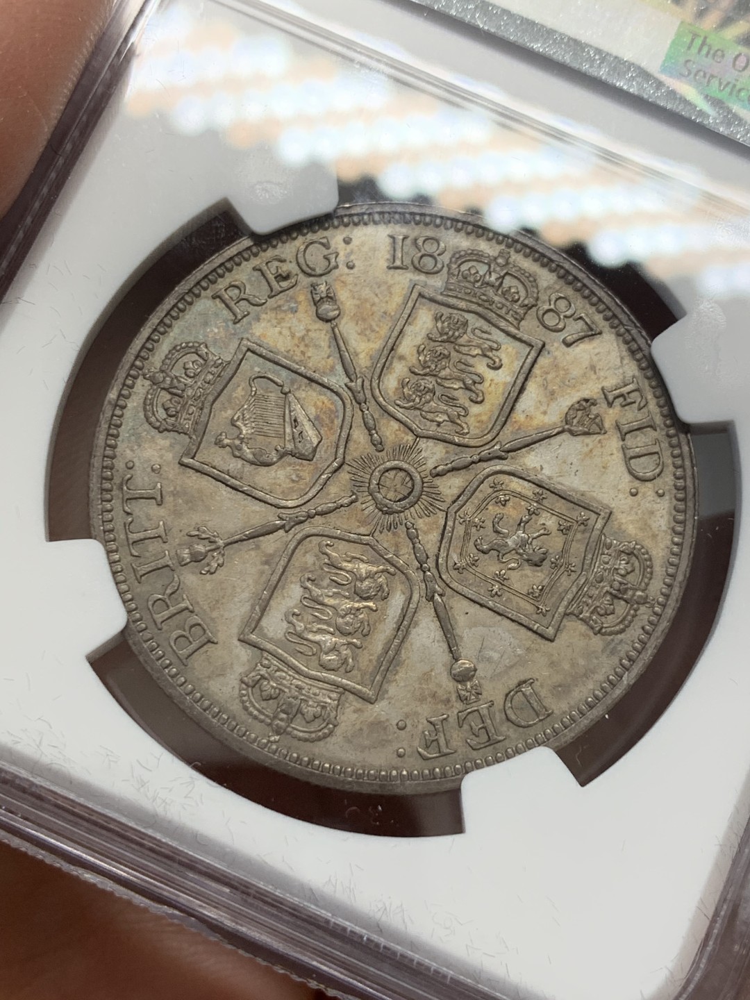 《竞宝斋》第131场-周日，周一连拍 (全场包邮) NGC AU55 英国1887年维多利亚高冠双弗洛林大银币罗马体