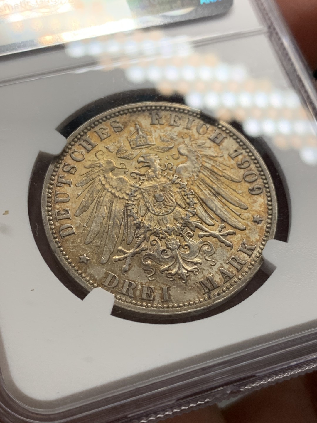 《竞宝斋》第131场-周日，周一连拍 (全场包邮) NGC MS62 1909年德国汉堡三马克黑彩原味品银币