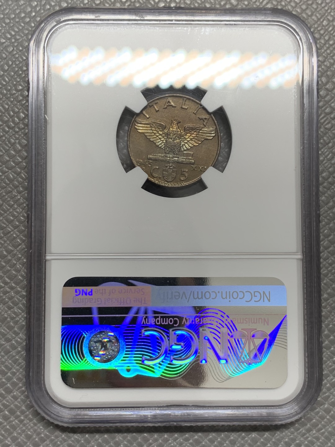 《竞宝斋》第131场-周日，周一连拍 (全场包邮) NGC MS64BN，意大利1943年5分铜币 极少品种 状态好 巧克力包浆