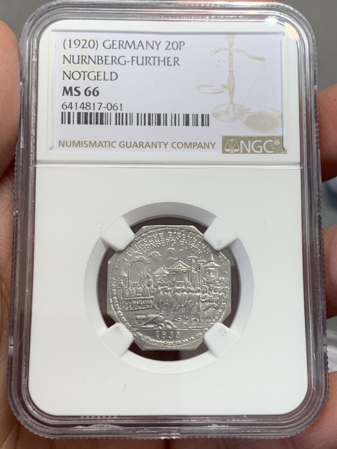 《竞宝斋》第131场-周日，周一连拍 (全场包邮) NGC MS66 德国 1920年 高分纽伦堡 20盆尼 紧急代用币