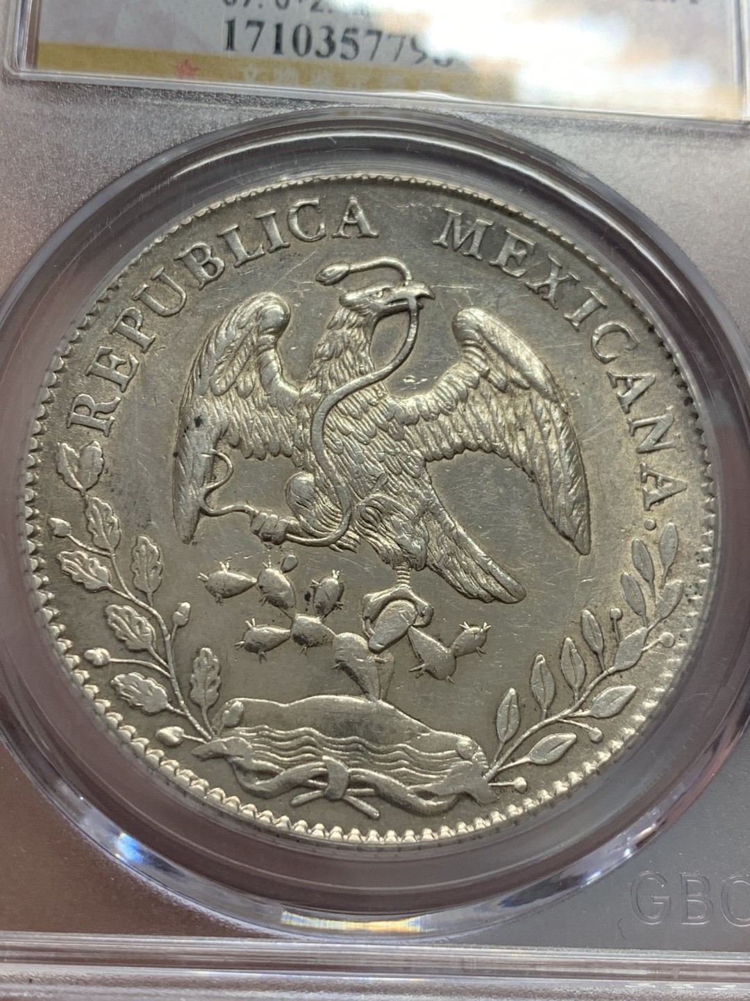 《竞宝斋》第131场-周日，周一连拍 (全场包邮) 公博-AU58 墨西哥 1897年 8瑞尔 花边鹰洋