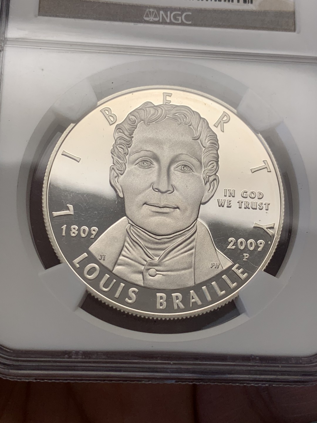 《竞宝斋》第131场-周日，周一连拍 (全场包邮) NGC-PF69 UC 美国 2009年 路易斯·布莱叶二百周年纪念 精制大银币 900银 26.73克 高分好状态