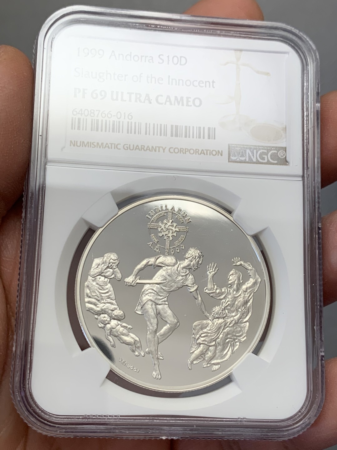 《竞宝斋》第131场-周日，周一连拍 (全场包邮) NGC-PF69 安道尔1999年 婴孩殉道 10第纳尔精制大银币 