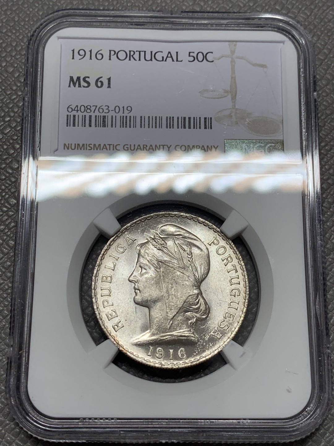 《竞宝斋》第131场-周日，周一连拍 (全场包邮) NGC-MS61 葡萄牙1916年 自由女神50分银币 原光好品