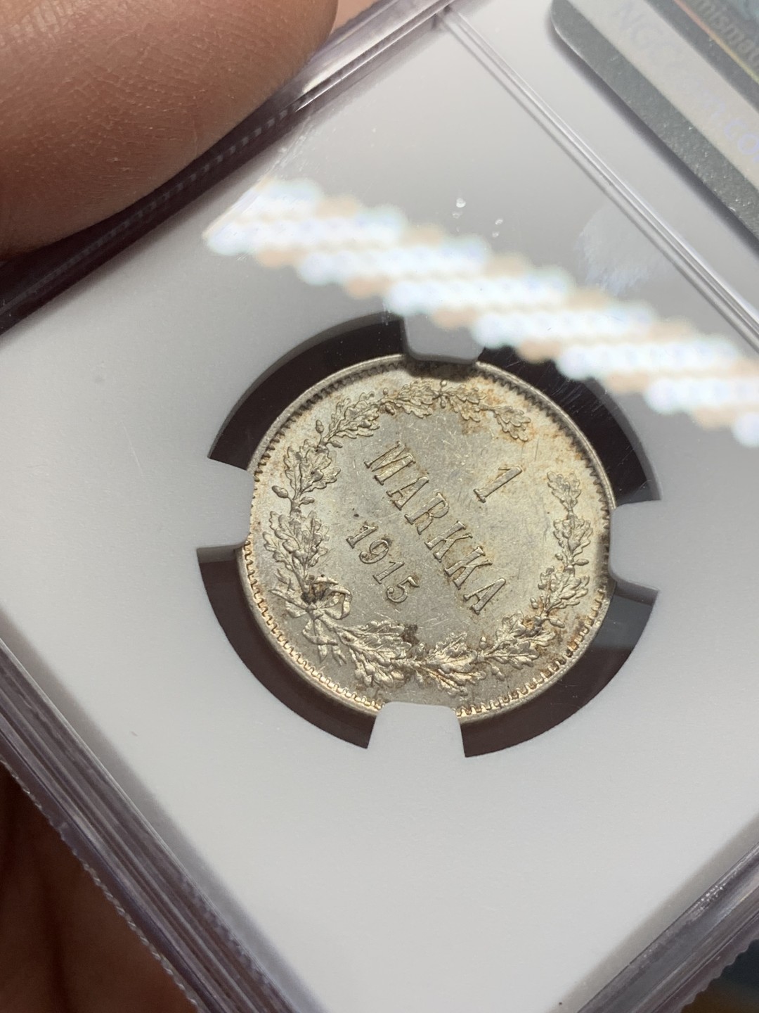 《竞宝斋》第131场-周日，周一连拍 (全场包邮) NGC-MS63 俄属芬兰1915年 双头鹰1马克 银币 五彩包浆 顶级品相