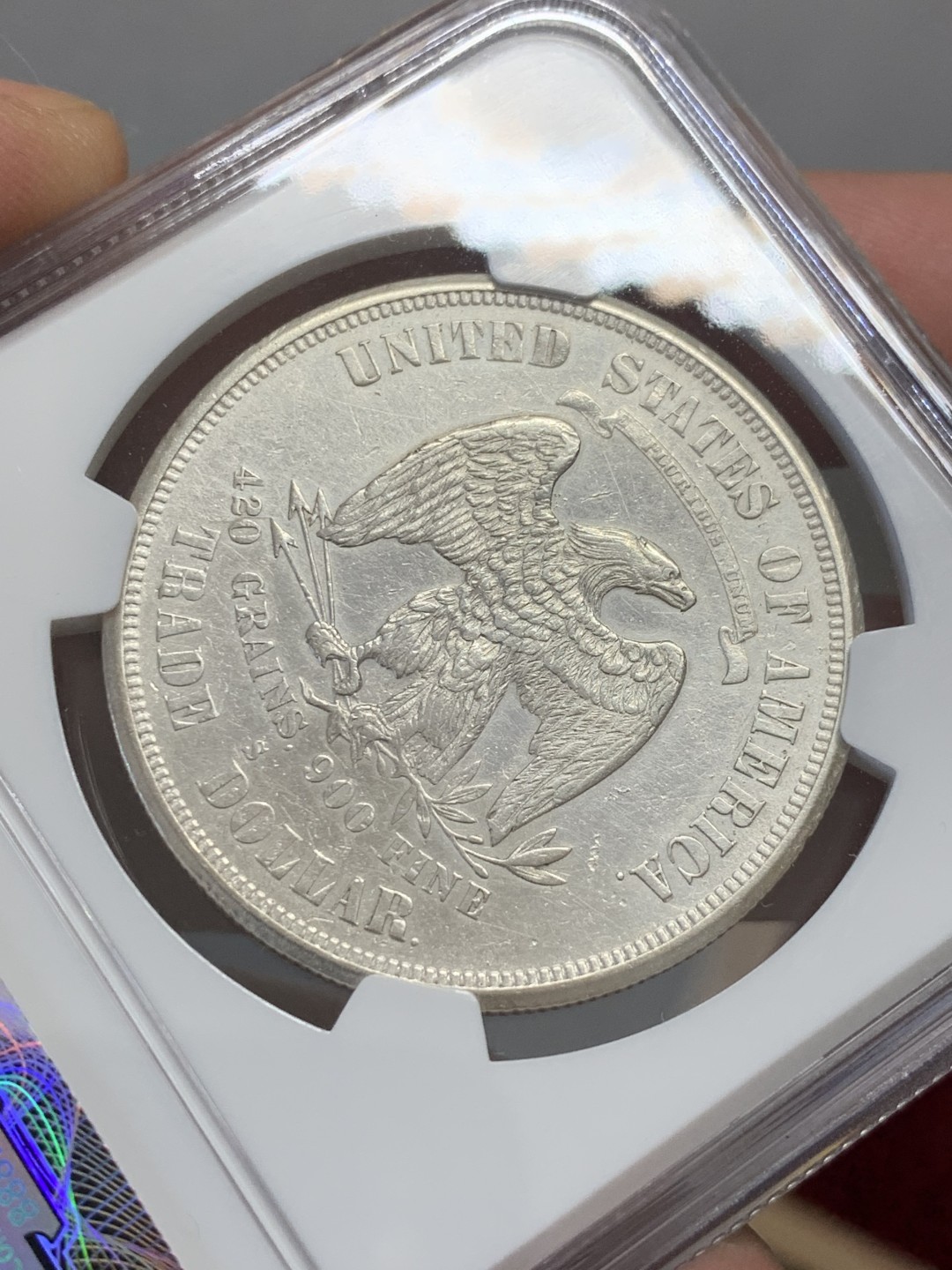 《竞宝斋》第131场-周日，周一连拍 (全场包邮) NGC-AU 美国 1874年 1美元 拿花贸易银 银币 细节保留的不错