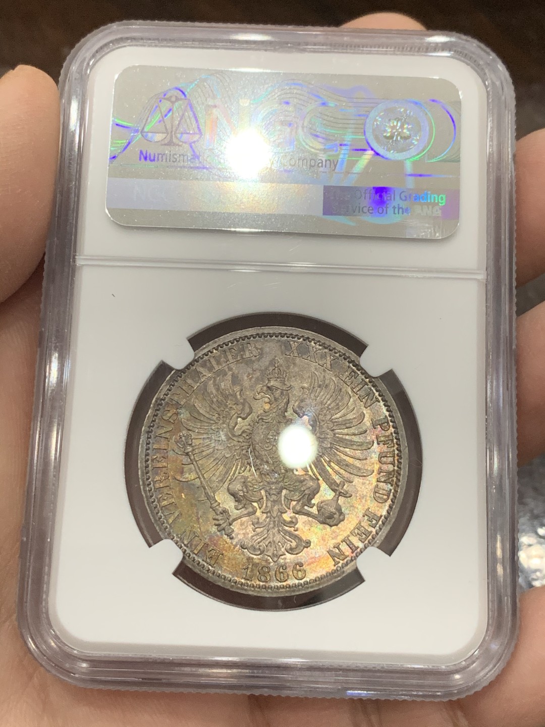 《竞宝斋》第131场-周日，周一连拍 (全场包邮) NGC MS61 1866年德国普鲁士1泰勒银币 五彩转光 非常漂亮