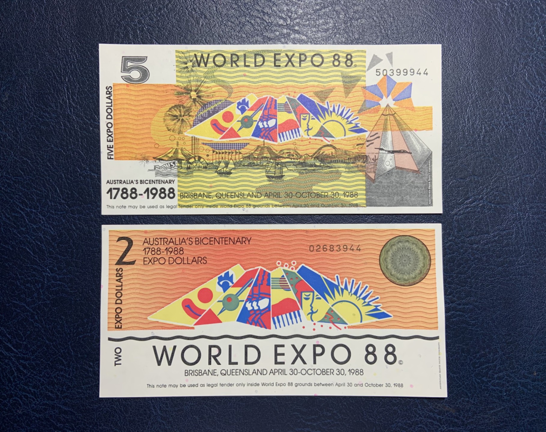 收藏联盟Quantum Auction 第229期拍卖 已更新 澳大利亚1988年布里斯班世博会2-5元代金券 品相全新UNC 尾三同 正面雕刻凹印 