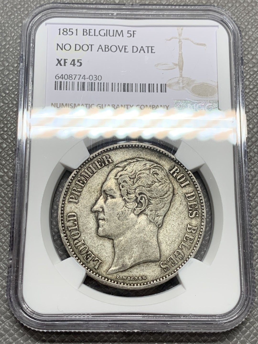 《竞宝斋》第131场-周日，周一连拍 (全场包邮) NGC-XF45 比利时1851年 利奥波德一世 5法郎大银币 原味好品