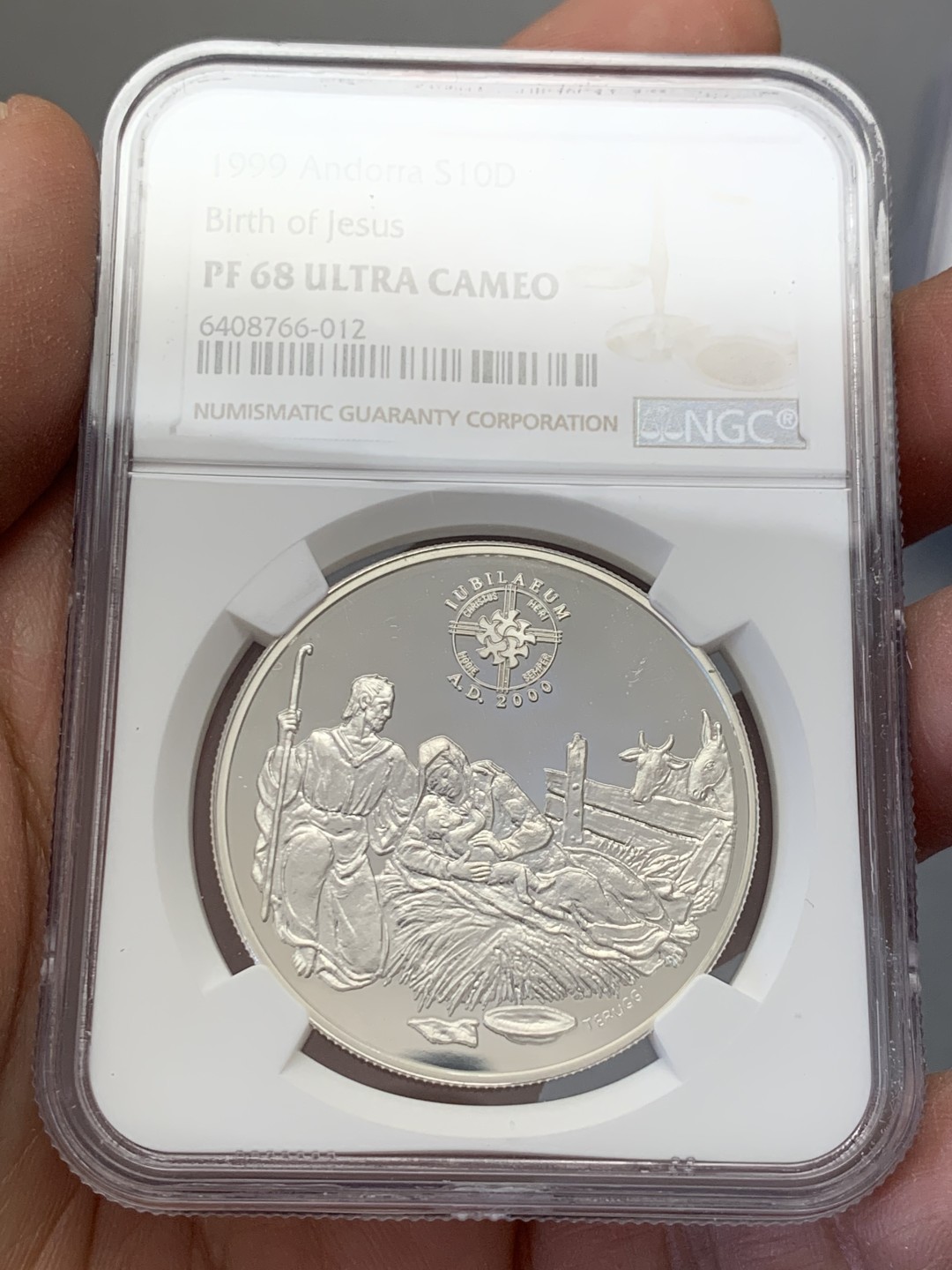 《竞宝斋》第131场-周日，周一连拍 (全场包邮) NGC-PF68 安道尔1999年 耶稣降生 10第纳尔精制大银币