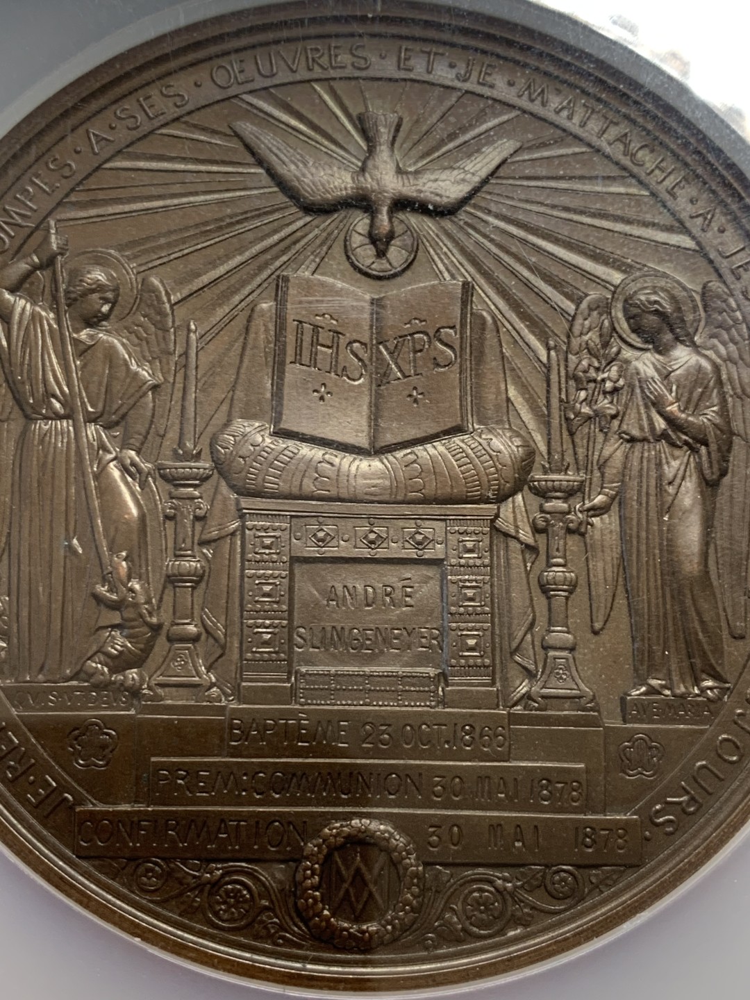 《竞宝斋》第131场-周日，周一连拍 (全场包邮) NGC MS65 1878年法国宗教洗礼大铜章 完美品相 收藏级 大盒封装