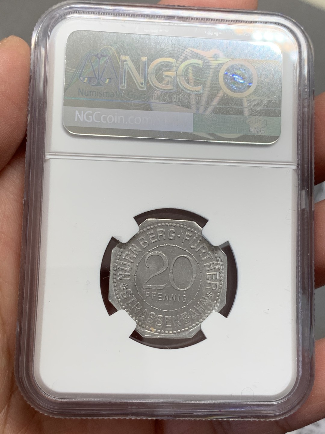 《竞宝斋》第131场-周日，周一连拍 (全场包邮) NGC MS65 德国 1920年 高分纽伦堡 20盆尼 紧急代用币 人像很不错