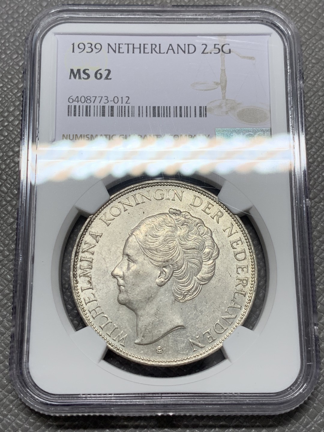 《竞宝斋》第131场-周日，周一连拍 (全场包邮) NGC-MS62 荷兰1939年 威廉米娜女王2.5盾 大银币