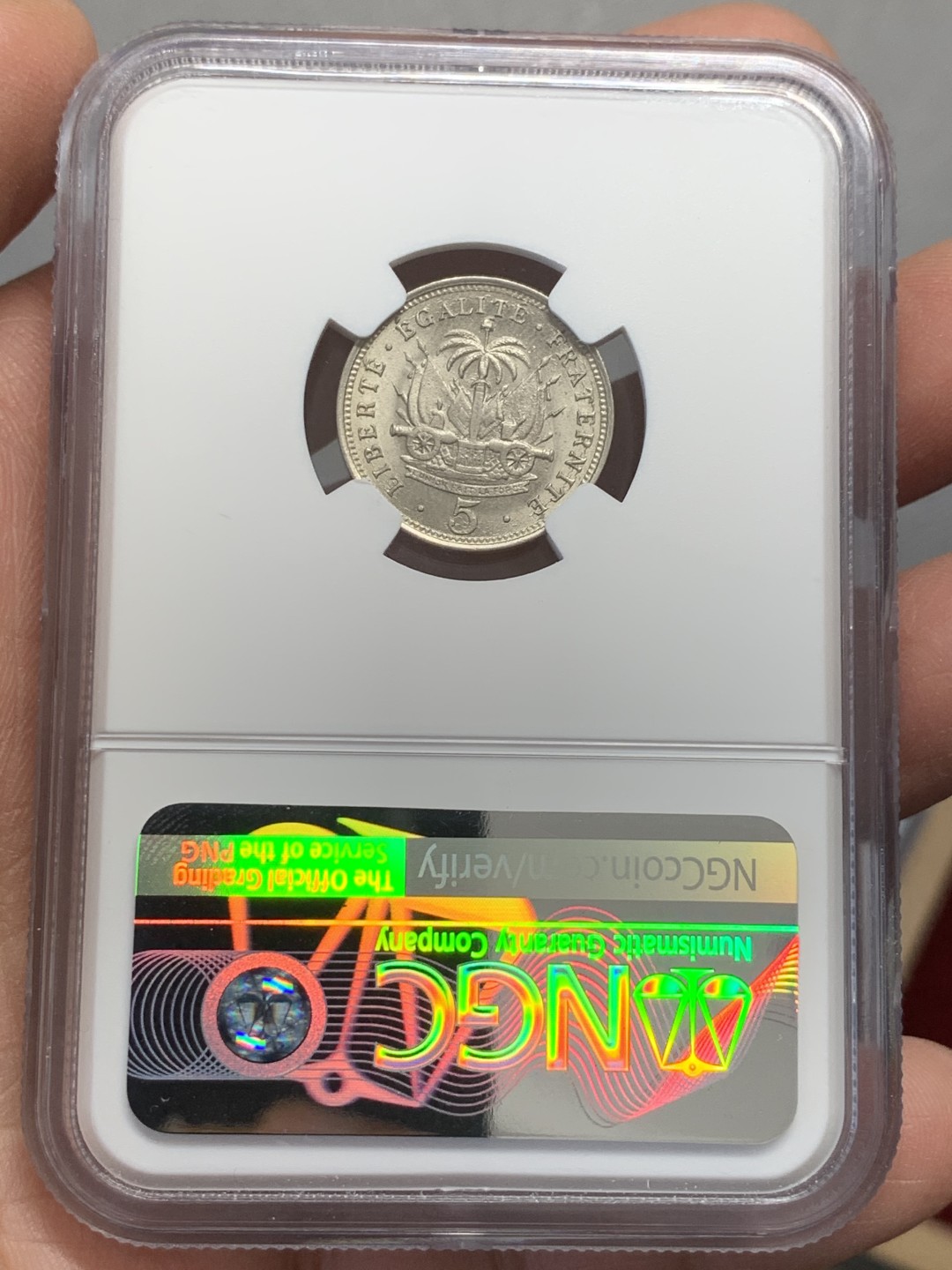 《竞宝斋》第131场-周日，周一连拍 (全场包邮) NGC-MS64 海地1905年 总统皮埃尔 5分镍币 顶级好品 一个快要被海淹没的国家 