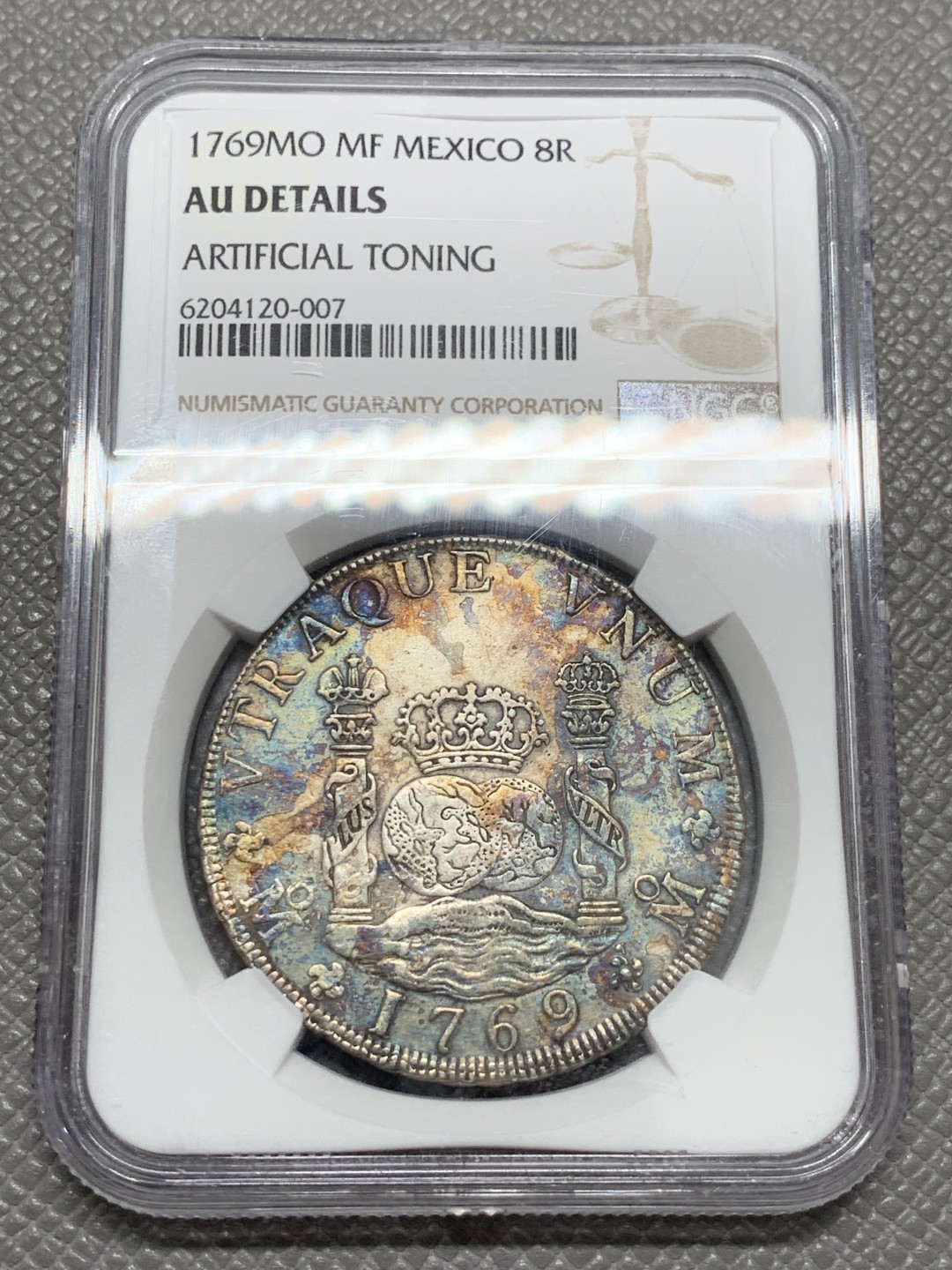 《竞宝斋》第131场-周日，周一连拍 (全场包邮) NGC-AUD 西属墨西哥1769年 8R 地球双柱银币 早期双柱 细节好 五彩原味难得