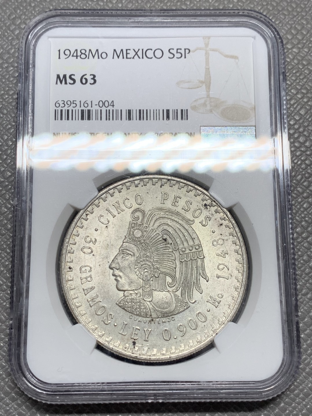 《竞宝斋》第131场-周日，周一连拍 (全场包邮) NGC-MS63 墨西哥1948年 印第安人5比索30克大银币 顶级好品