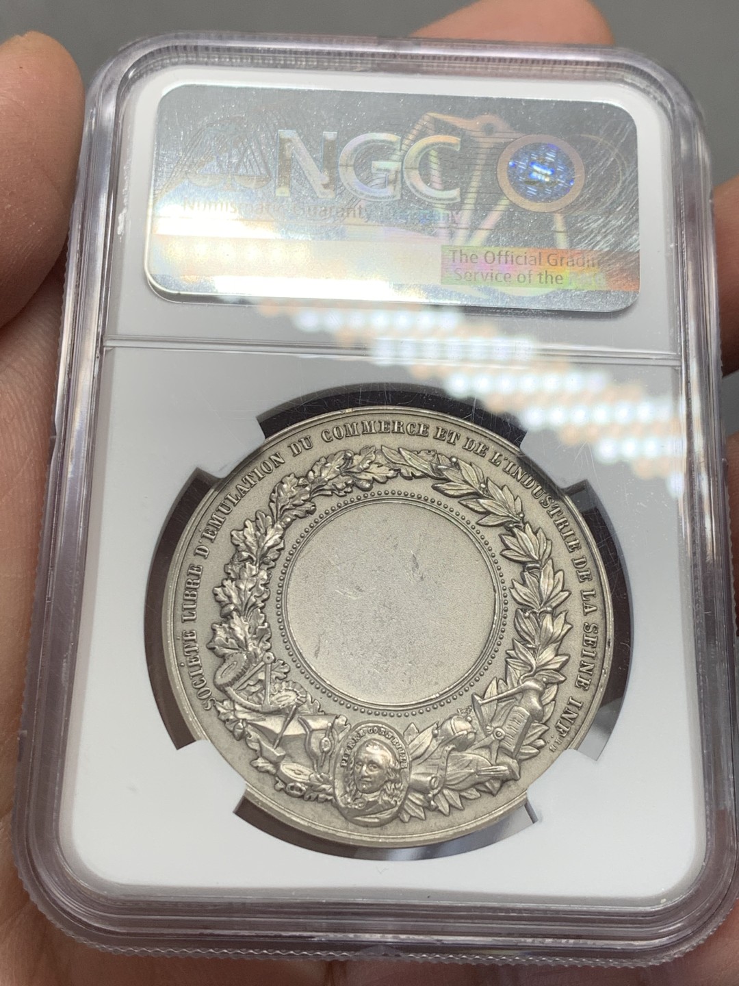 《竞宝斋》第131场-周日，周一连拍 (全场包邮) NGC-MS62 法国 十九世纪 工商业协会 银章 高浮雕 设计精美