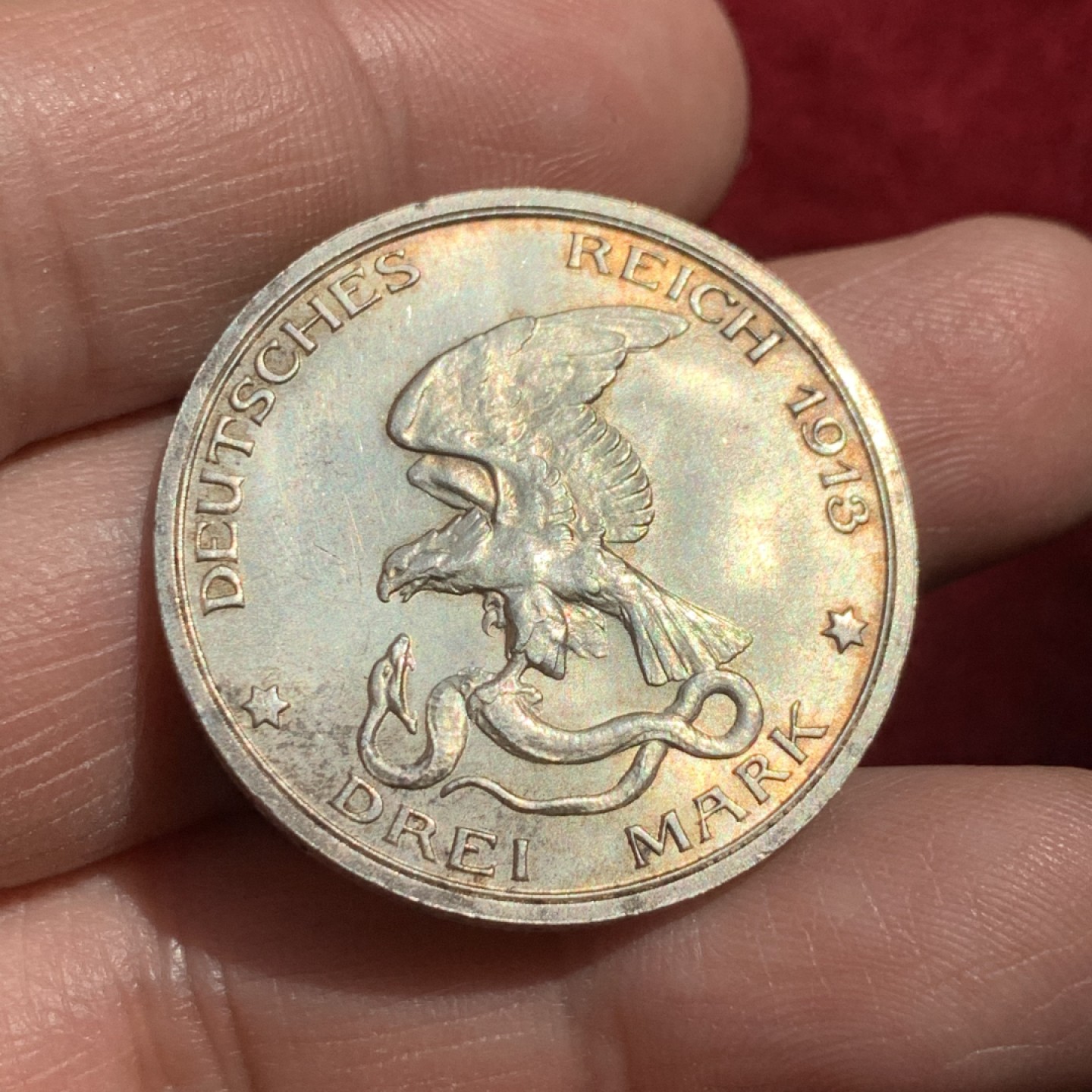 《竞宝斋》第131场-周日，周一连拍 (全场包邮) 德国普鲁士 1913年击败拿破仑3马克 银币  淡金包浆