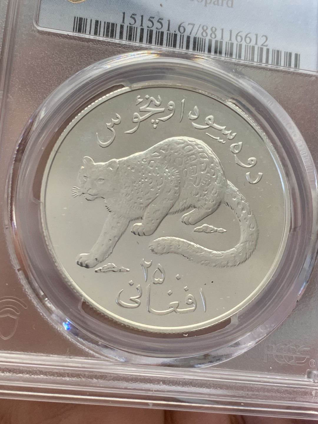 《竞宝斋》第131场-周日，周一连拍 (全场包邮) PCGS MS67 阿富汗1978年珍稀动物雪豹纪念250阿富汗尼普制大银币，925银，直径38.5mm，重量28.57g，发行量仅4370枚，比精制的发行量还少