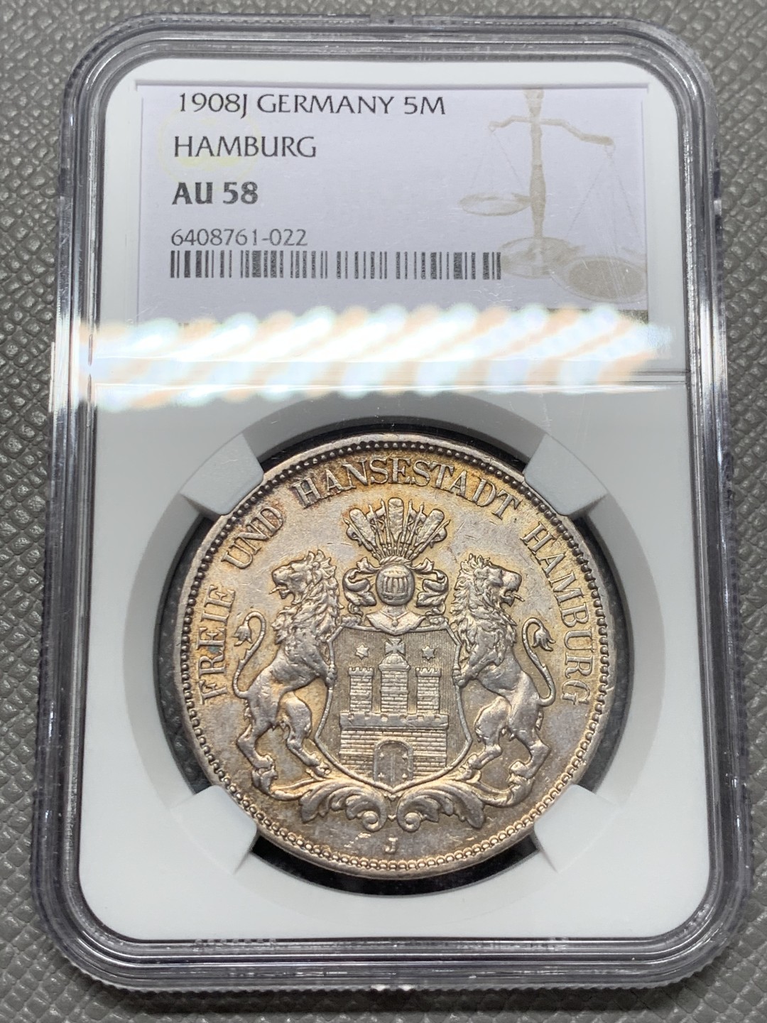 《竞宝斋》第131场-周日，周一连拍 (全场包邮) NGC-AU58 德国汉堡1908年 双狮5马克大银币 带彩包浆 非常漂亮