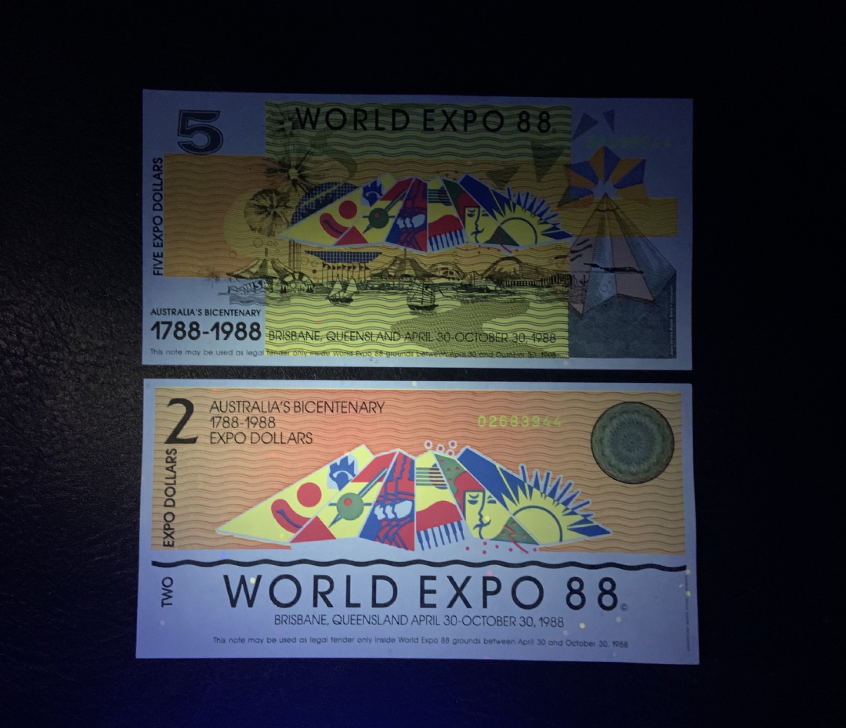 收藏联盟Quantum Auction 第229期拍卖 已更新 澳大利亚1988年布里斯班世博会2-5元代金券 品相全新UNC 尾三同 正面雕刻凹印 
