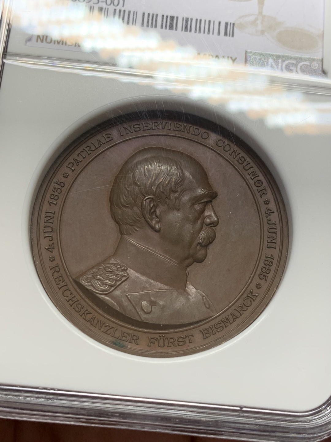 《竞宝斋》第131场-周日，周一连拍 (全场包邮) NGC MS64 1885年德国铁血宰相俾斯麦80大寿纪念铜章 高浮雕 刻画精美细腻 经典好章