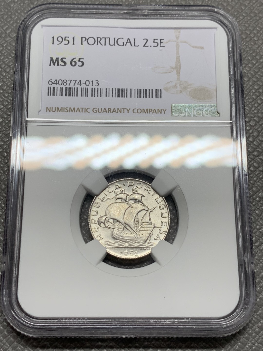 《竞宝斋》第131场-周日，周一连拍 (全场包邮) NGC-MS65 葡萄牙1951年 大帆船2.5埃斯库多 银币 顶级好品